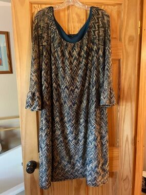 Vintage Chevron Knit Long Sleeve Dress in Navy and Cream with Ruffle Sleeves